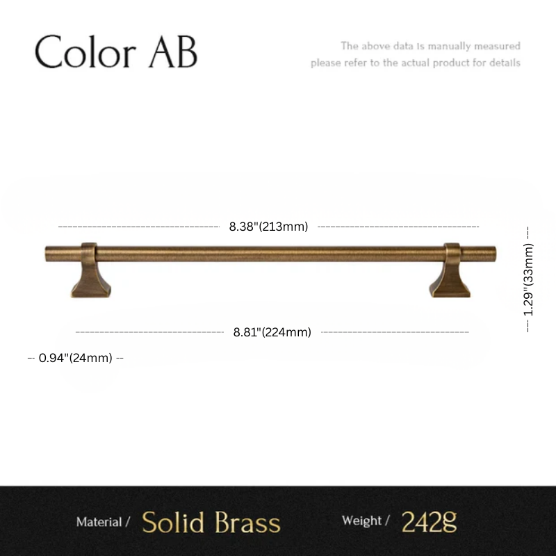 Measurement chart of a solid brass cabinet handle with dimensions and material details.