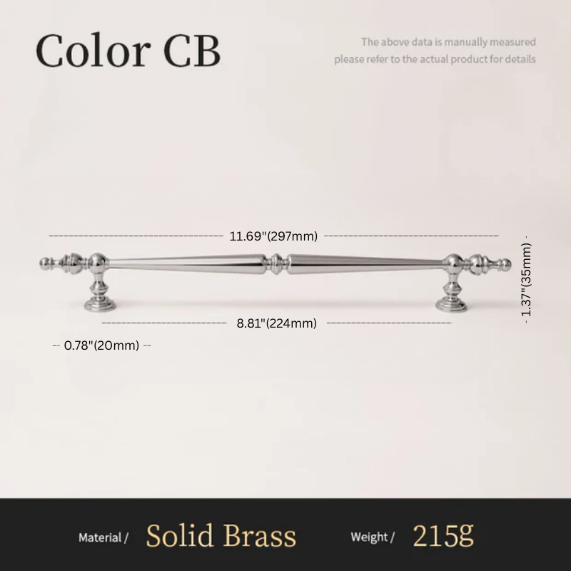 Measurement chart of a solid brass cabinet handle with dimensions and material details.