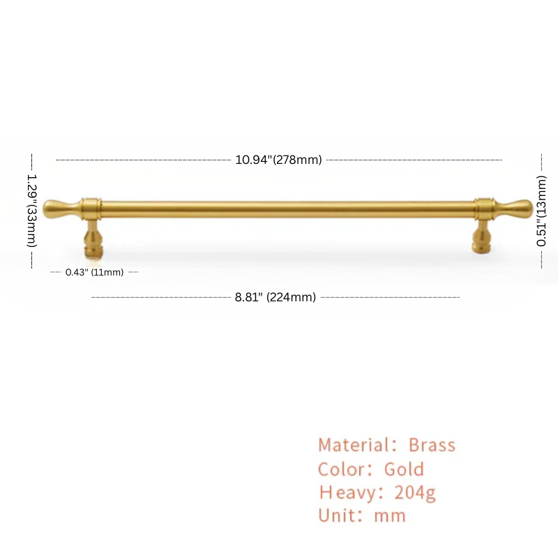 Gold metal bar with dimensions and material details on a white background