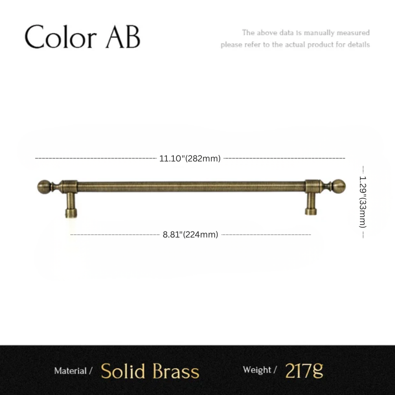 Measurement chart for a solid brass pull handle with dimensions and material details.