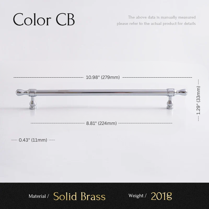 Measurement chart for a solid brass cabinet handle with dimensions and material details.