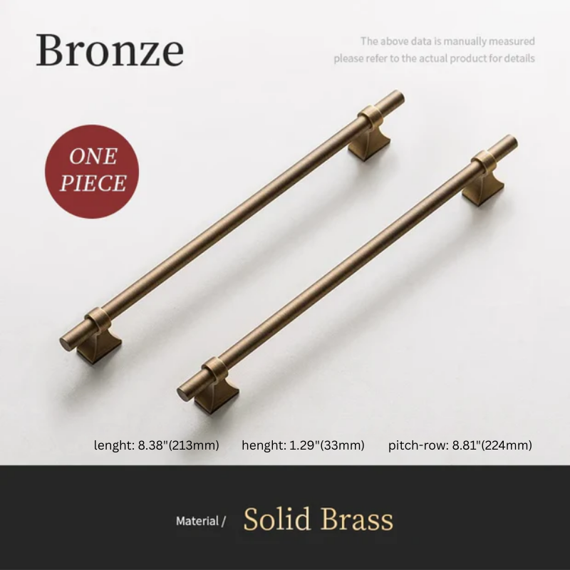 Two bronze cabinet handles on a white background with product details.