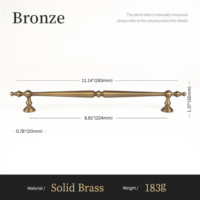 Measurement chart of a solid brass handle with dimensions and material details.