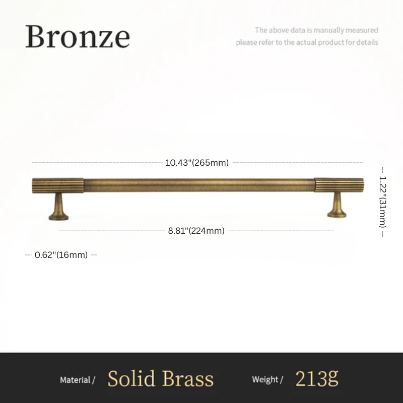 Measurement chart for a bronze cabinet handle with dimensions and material details.