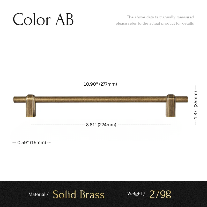 Measurement chart of a solid brass cabinet pull with dimensions and material details.