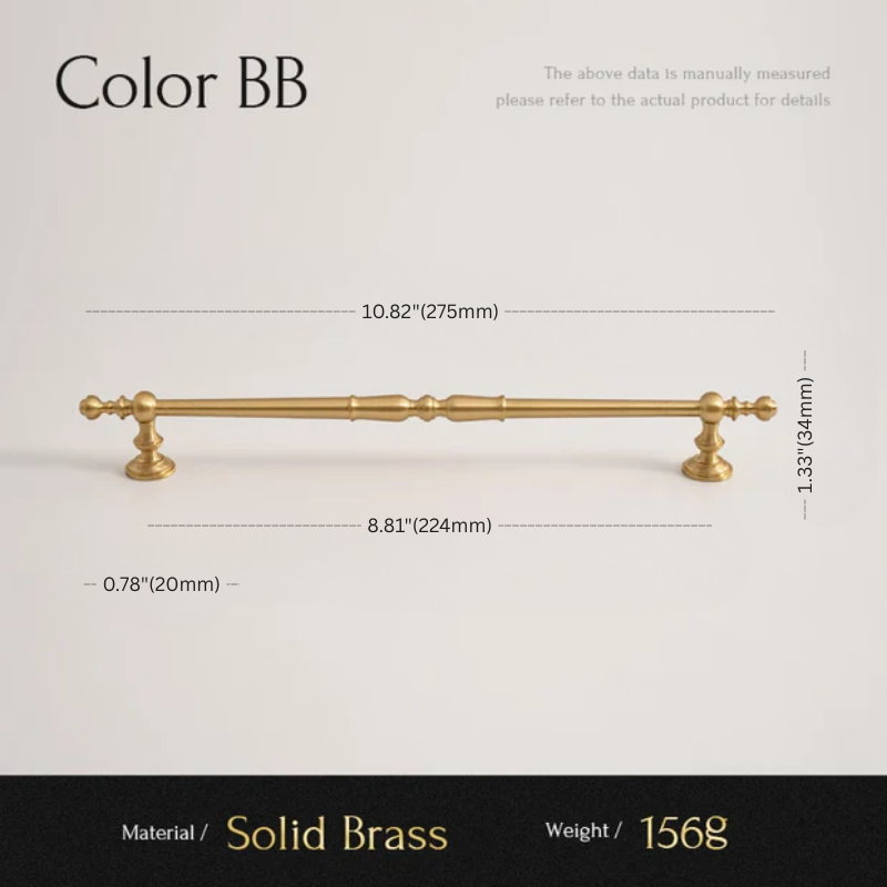 Gold cabinet handle with dimensions and material details on a light gray background