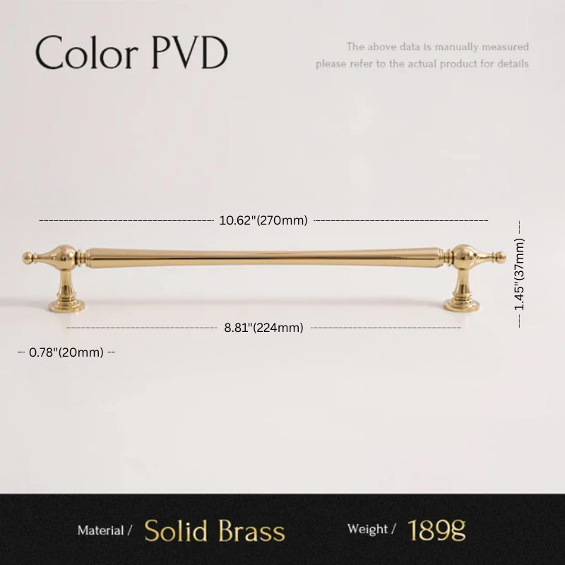 Gold cabinet handle with dimensions and material details on a white background