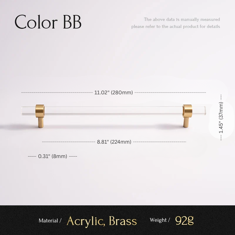 Measurement chart for a gold and acrylic product with dimensions and material details.