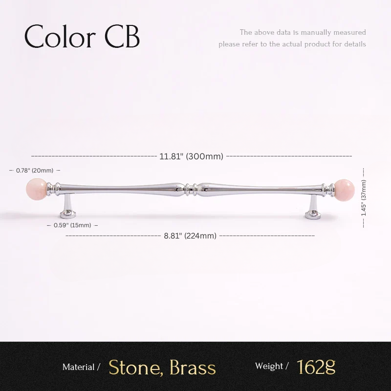 Measurement chart of a decorative item with stone and brass components on a white background.
