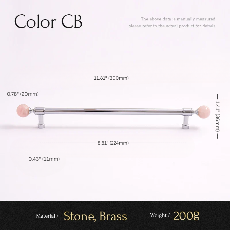 Measurement chart for a decorative item with stone and brass components, showing dimensions and material details.