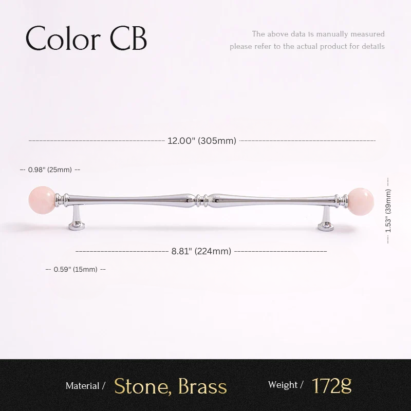 Measurement chart of a decorative item with pink stones and brass accents on a white background.