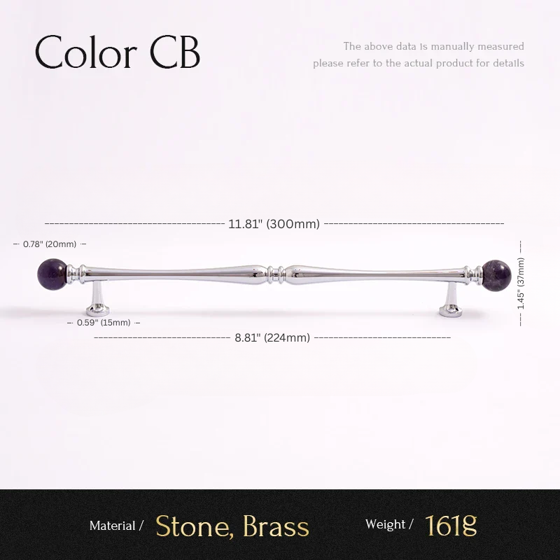 Measurement chart for a decorative item with stone and brass components, showing dimensions and material details.