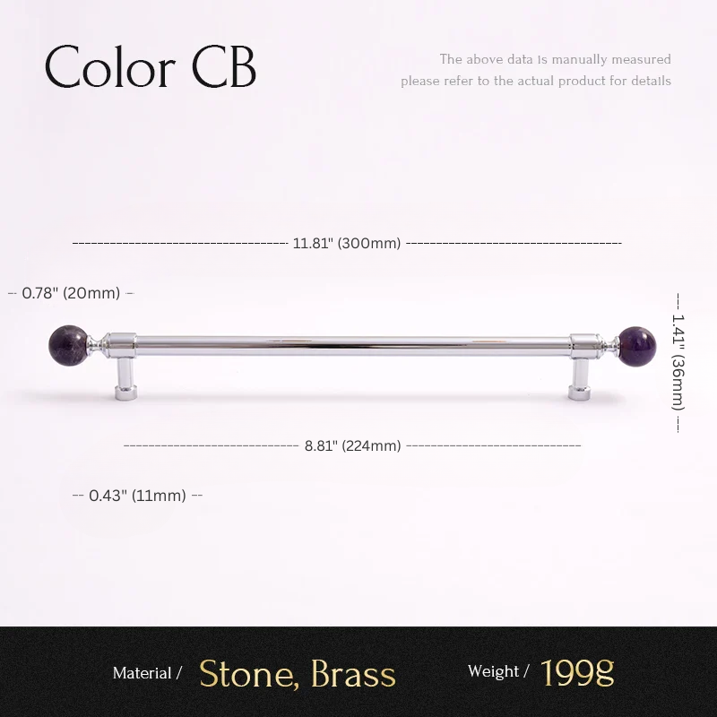 Measurement chart for a decorative item with stone and brass components, showing dimensions and weight.