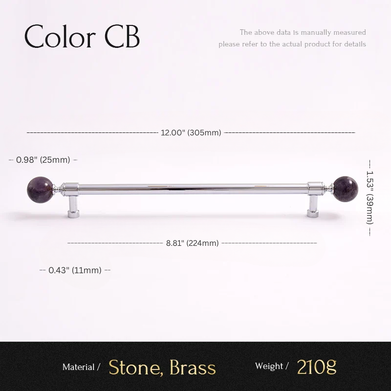 Measurement chart for a decorative item with stone and brass components, showing dimensions and material details.