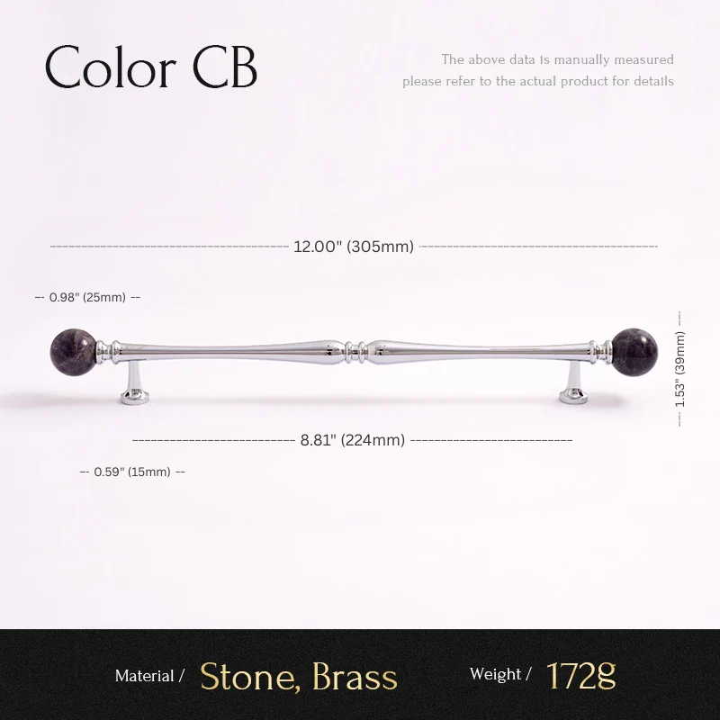 Measurement chart for a decorative item with stone and brass components on a white background.