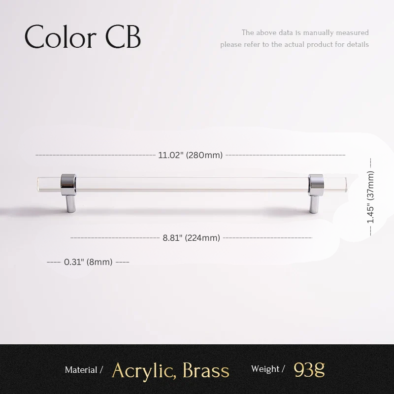 Cabinet handle with dimensions and material details on a white background