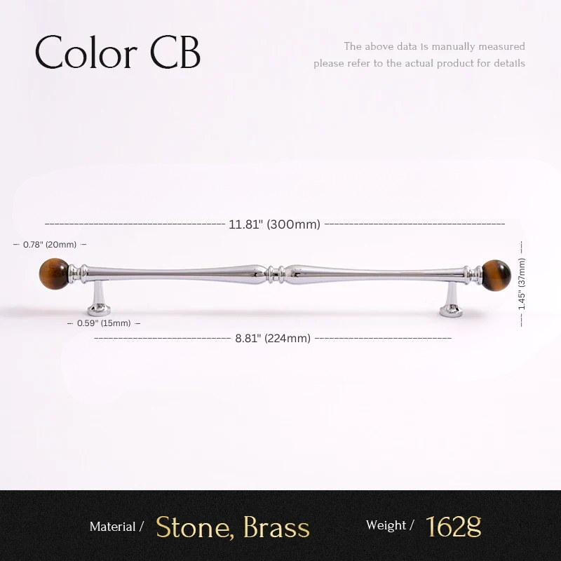 Measurement chart for a decorative item with stone and brass components on a white background.