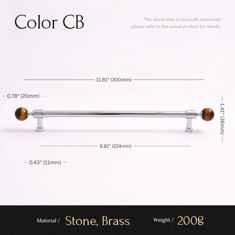 Measurement chart for a decorative item with stone and brass components on a white background.
