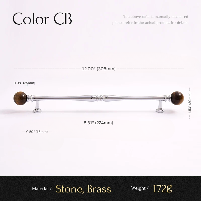 Measurement chart for a decorative item with stone and brass components, showing dimensions and material details.