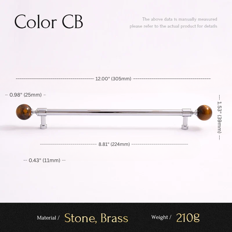 Measurement chart for a cabinet handle with dimensions and material details.