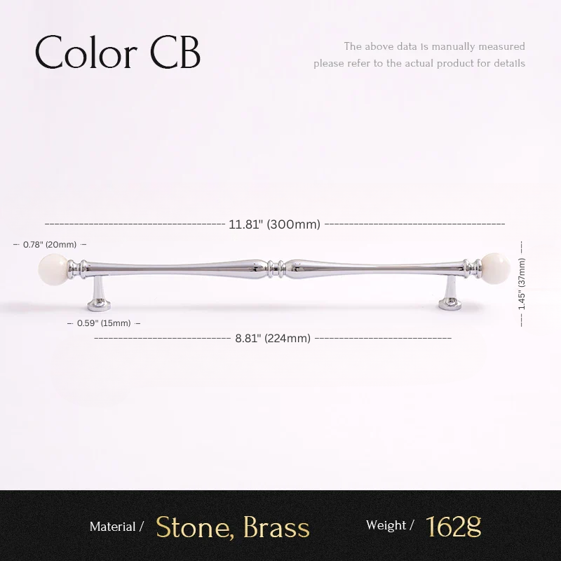 Measurement chart of a decorative rod with white knobs on a white background, labeled 'Color CB'.