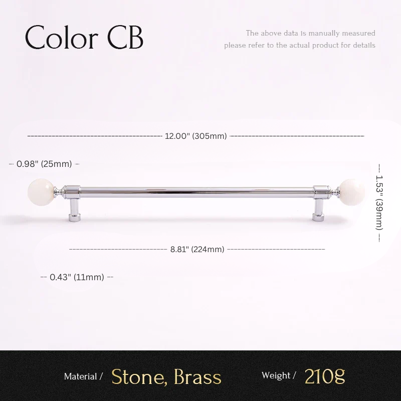 Measurement chart for a cabinet handle with dimensions and material details.