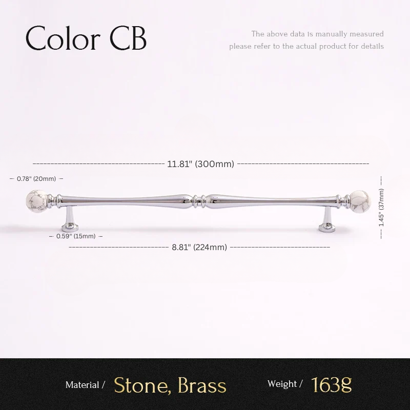 Measurement chart for a decorative bar with stone and brass components on a white background.