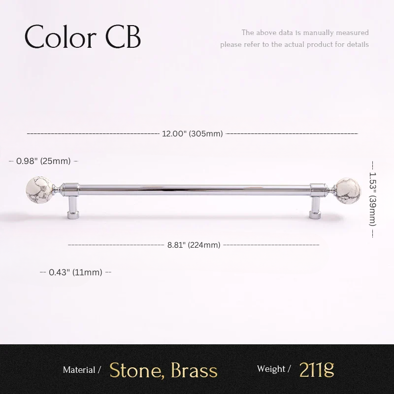 Measurement chart for a decorative bar with stone and brass components, showing dimensions and material details.
