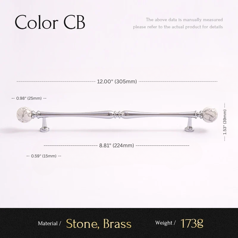 Measurement chart for a decorative item with stone and brass components on a white background.