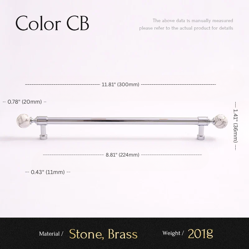 Measurement chart for a decorative bar with stone and brass components, showing dimensions and material details.