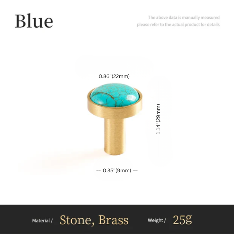 Turquoise stone and brass cylindrical object with measurements on a white background