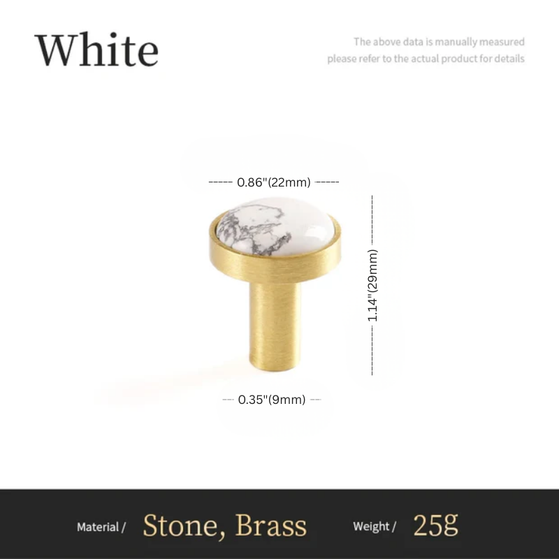 Measurement chart of a decorative knob with marble top and brass base on a white background.