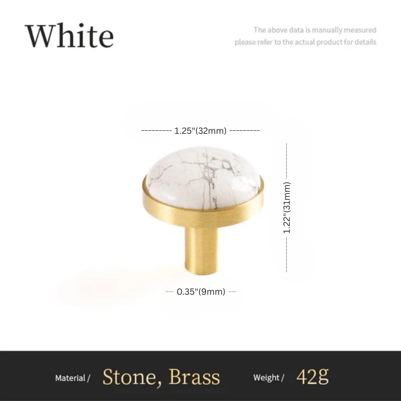 Marble-patterned knob with gold base and measurements on a white background