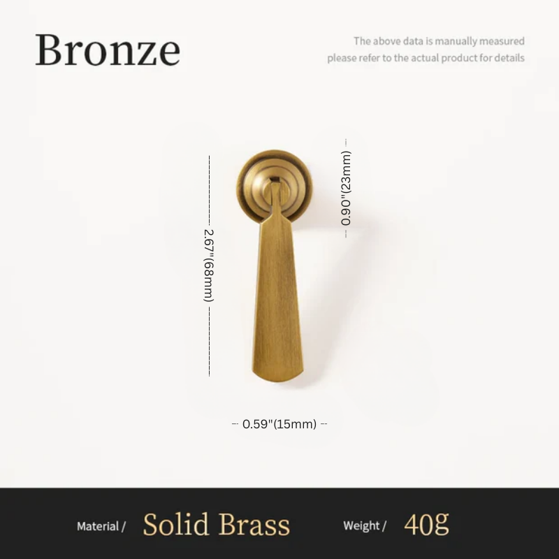 Bronze door handle with dimensions and material details on a white background