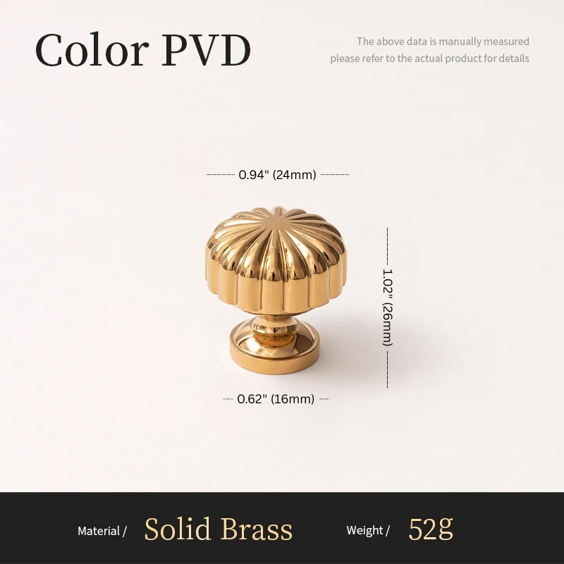 Gold cabinet knob with measurements and material details on a white background