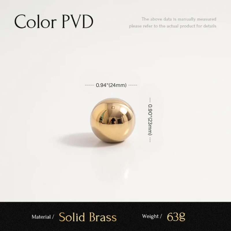 Gold spherical object with measurements and material details on a white background