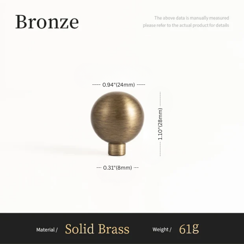Bronze spherical object with measurements on a white background