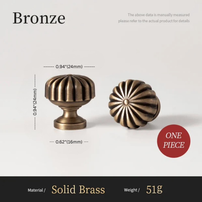Two bronze cabinet knobs with measurements and material details on a light gray background