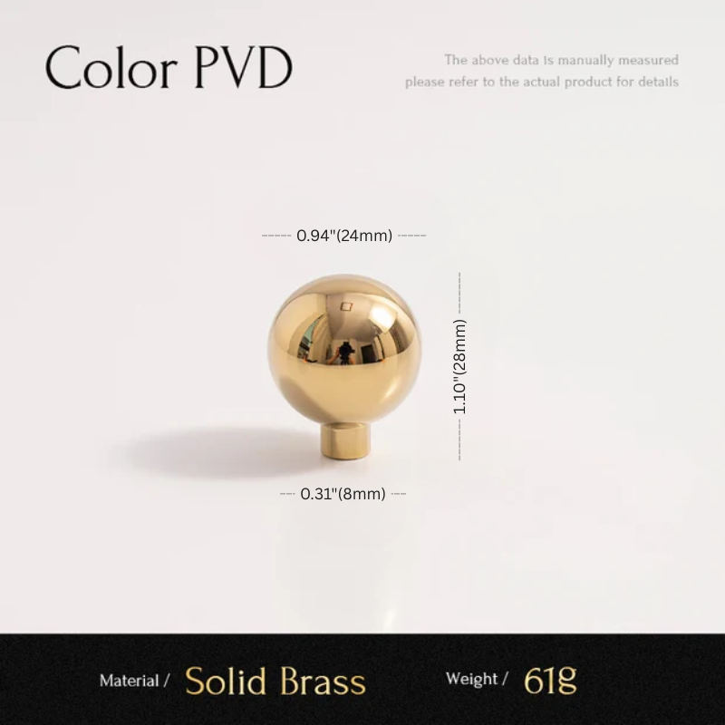 Gold spherical object with measurements on a white background