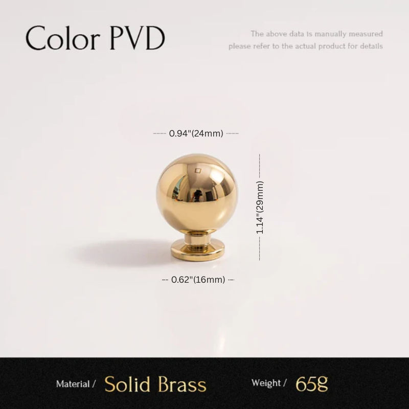 Gold spherical object with measurements and material details on a white background