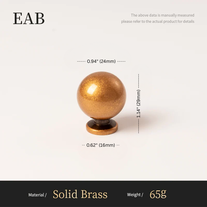 Solid brass knob with dimensions and material details on a white background