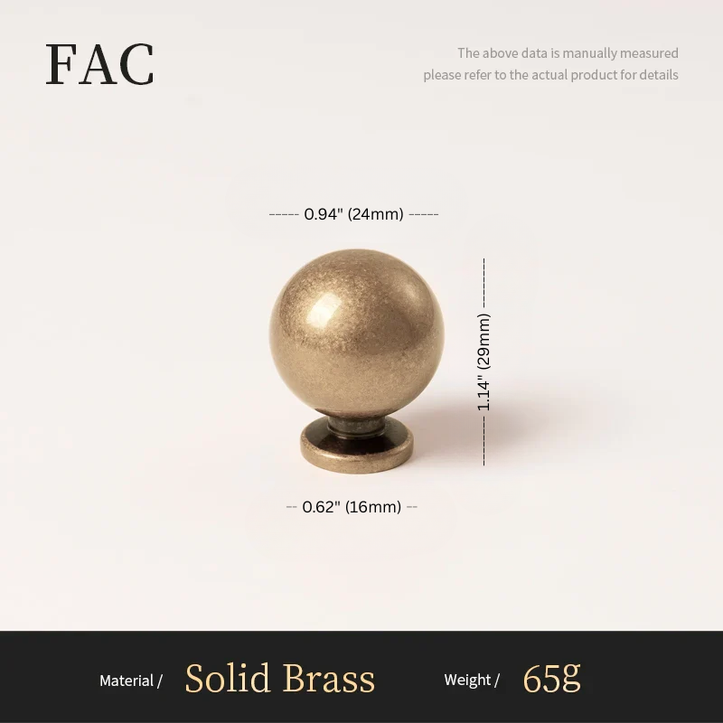 Solid brass knob with measurements on a white background