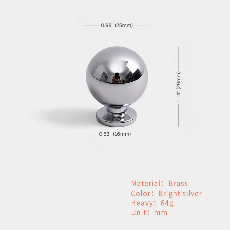 Chrome spherical object with dimensions and material details on a white background