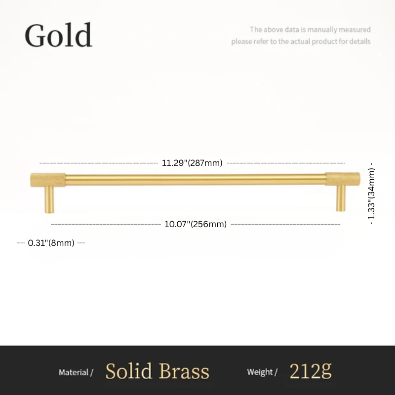 Measurement chart of a gold cabinet handle with dimensions and material details.