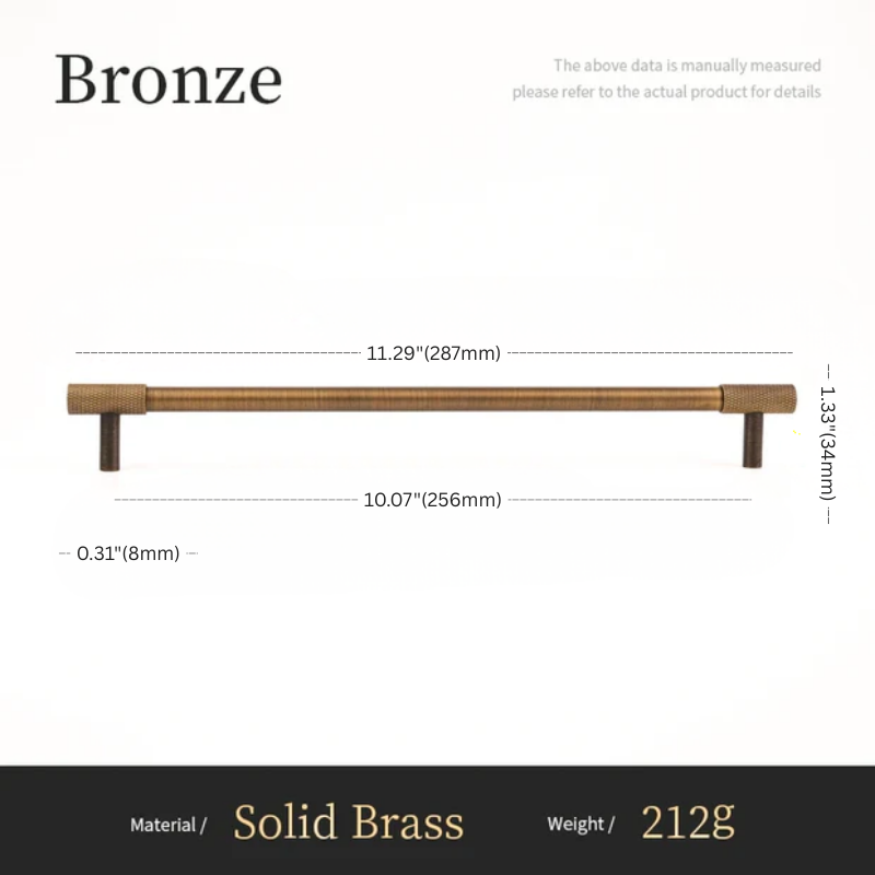 Measurement chart for a bronze cabinet handle with dimensions and material details.