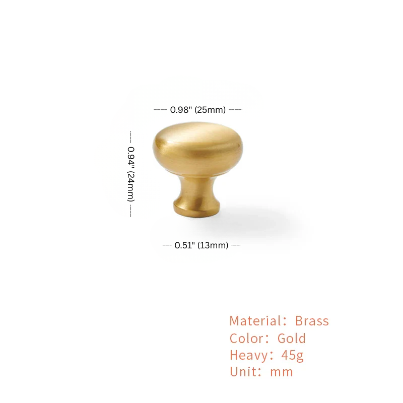 Gold cabinet knob with measurements and material details on a white background