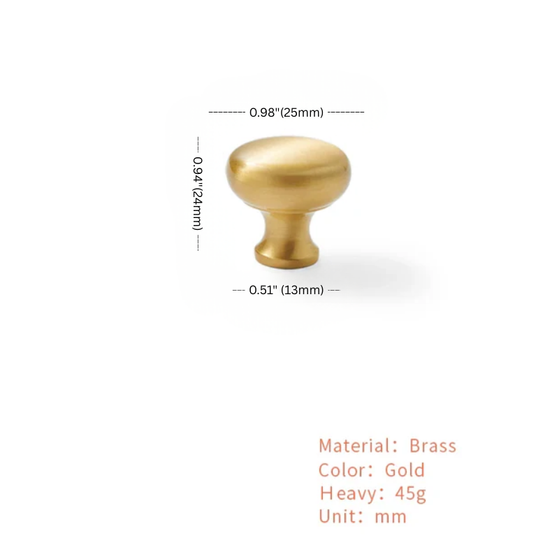 Gold cabinet knob with measurements and material details on a white background