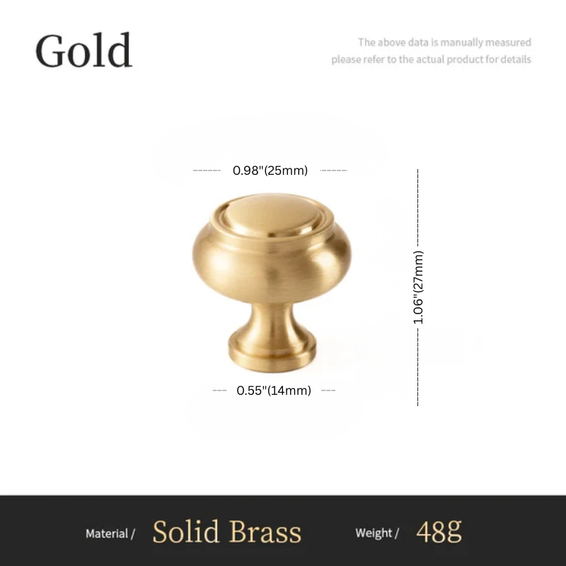 Gold cabinet knob with measurements on a white background