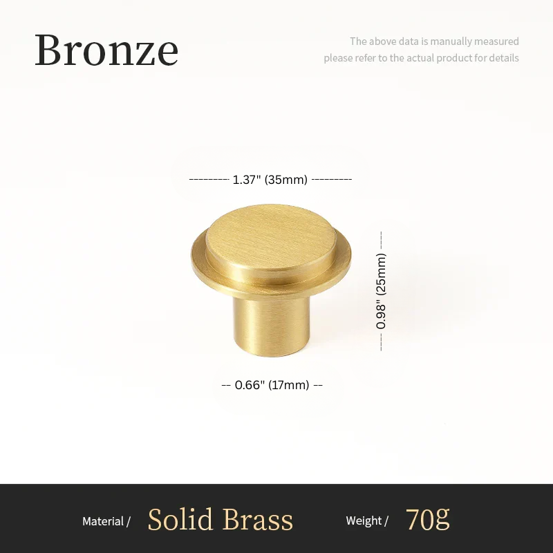 Bronze cabinet knob with dimensions and material details on a white background
