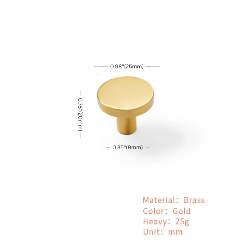 Gold cabinet knob with dimensions and material details on a white background